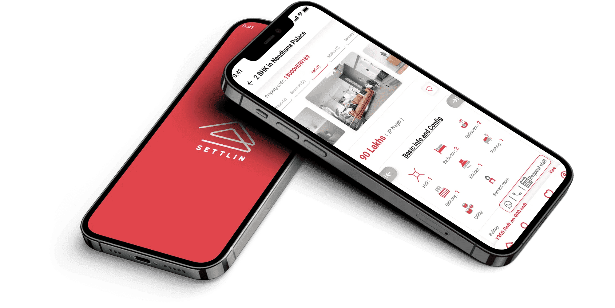 Settlin mobile app interface showing property listings and features